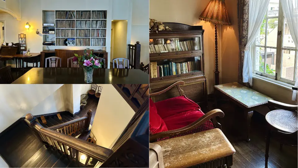 Eine Wand voller Jazz-Vinyl im Café